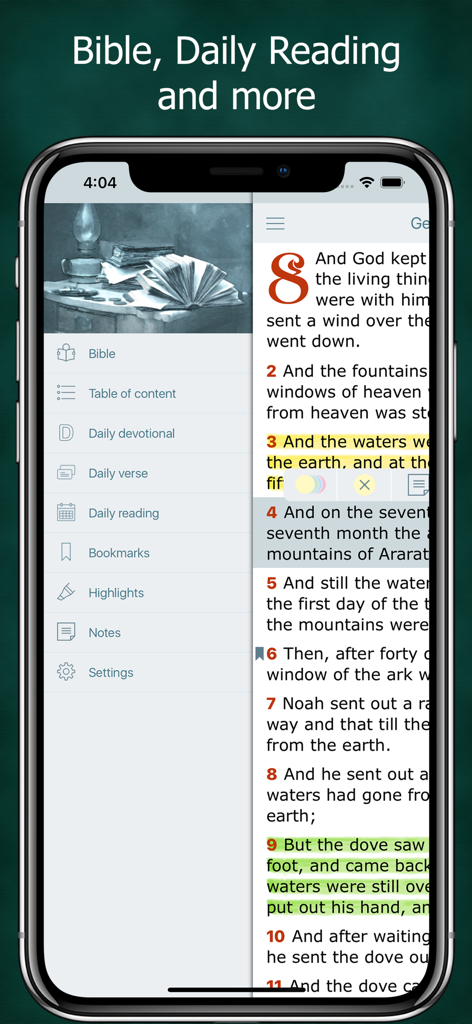 Simple Bible in Basic English - Mobile app interface of Simple Bible in Basic English showing the navigation menu and a page of scripture with highlights