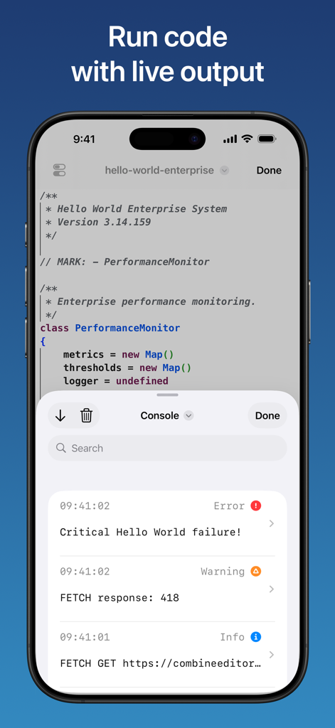 Combine - Code Editor & Git - Combine mobile app interface showing a code editor with JavaScript and a live console displaying errors warnings and logs on an iPhone
