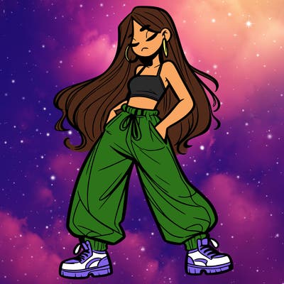 girl in baggy pants crop top and long hair