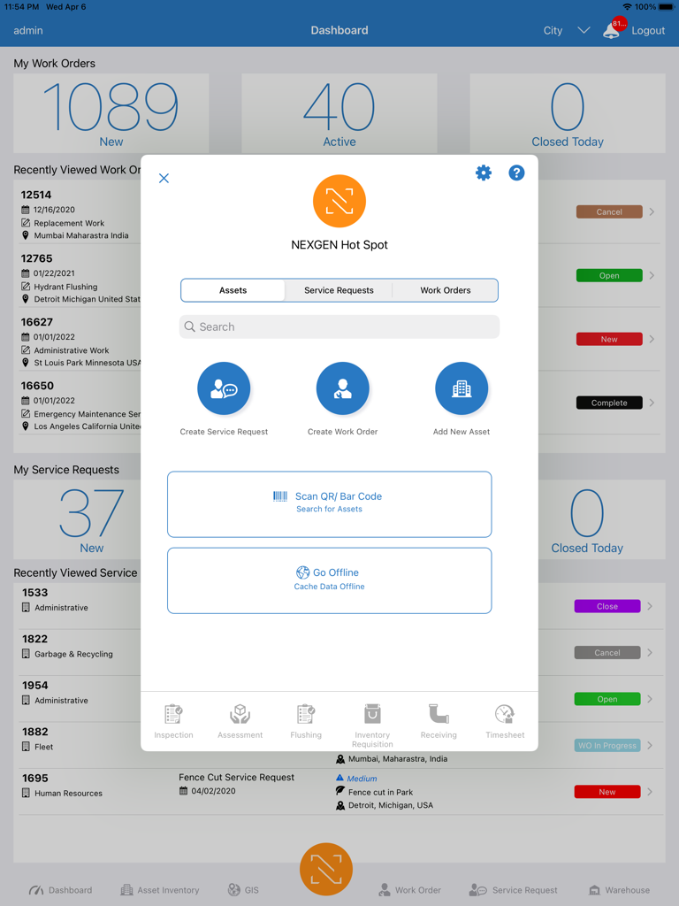 NEXGEN Mobile for iPad - NEXGEN Mobile iPad dashboard showing work order metrics and a central menu for asset management tasks and offline data sync