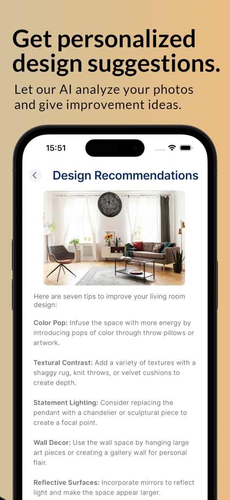 RoomGenius - RoomGenius app screen showing AI-driven interior design recommendations for a living room.