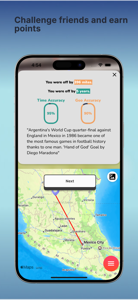 World History Quiz: WhenWhere - Ergebnisanzeige der WhenWhere-Geschichts-App, die die Zeit- und geografische Genauigkeit für eine Vermutung eines historischen Ereignisses zeigt.