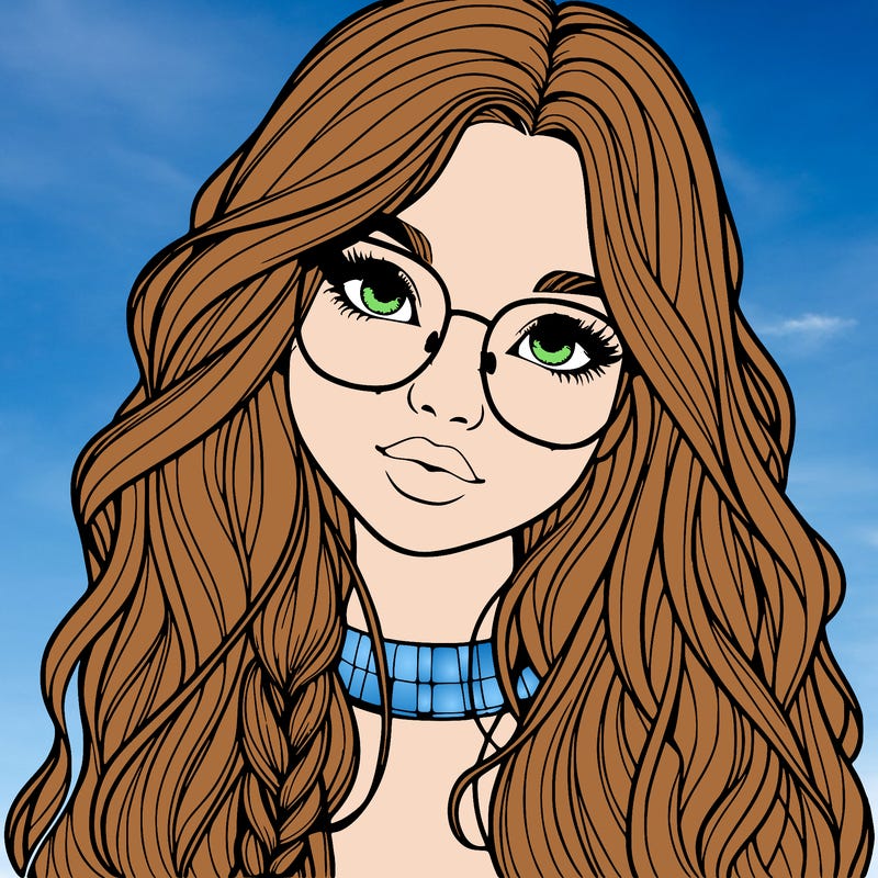 girl with long hair and freckles and glasses realistic