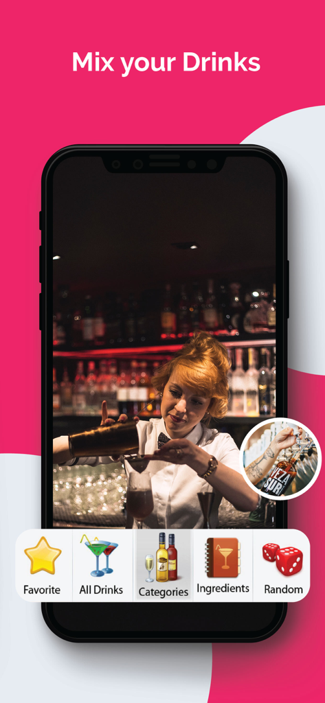 8,500+ Drink Recipes - 믹스 드링크(Mix your Drinks)라는 제목의 모바일 앱 인터페이스, 바텐더가 레시피, 재료, 카테고리 탐색 아이콘을 사용하여 칵테일을 준비하는 모습