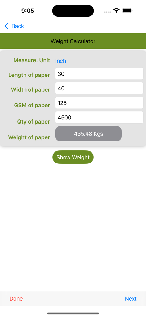 Weight calculator screen showing dimensions and GSM inputs for paper weight calculation