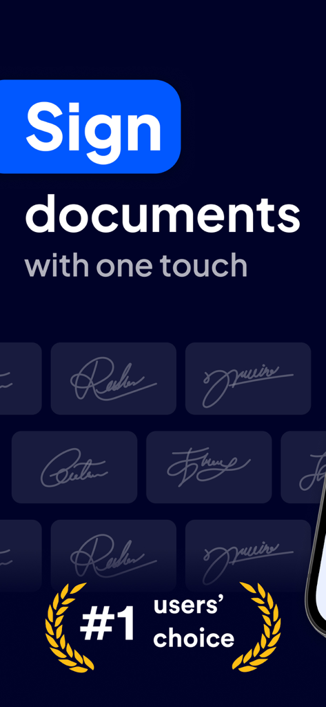 Sign Documents App - 署名のサンプルとユーザーチョイスアワードを特集したSign Documents Appのプロモーション画面。