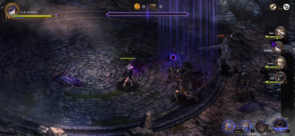 ASTRA: Knights of Veda - Captura de pantalla de jugabilidad de ASTRA Knights of Veda mostrando una batalla de desplazamiento lateral de fantasía oscura en una arena de piedra