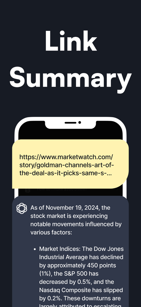 Una pantalla de aplicación móvil para ChatAI Plus que demuestra la función de resumen de enlaces IA al condensar un artículo de noticias financieras en viñetas.