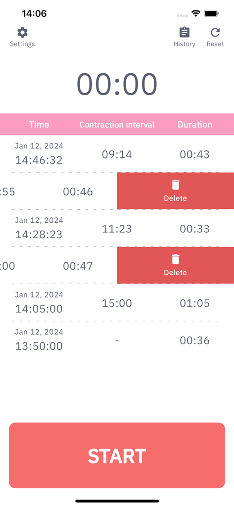Contraction Timer - Labor Log - Interface of the Contraction Timer app showing a labor history log with swipe to delete options