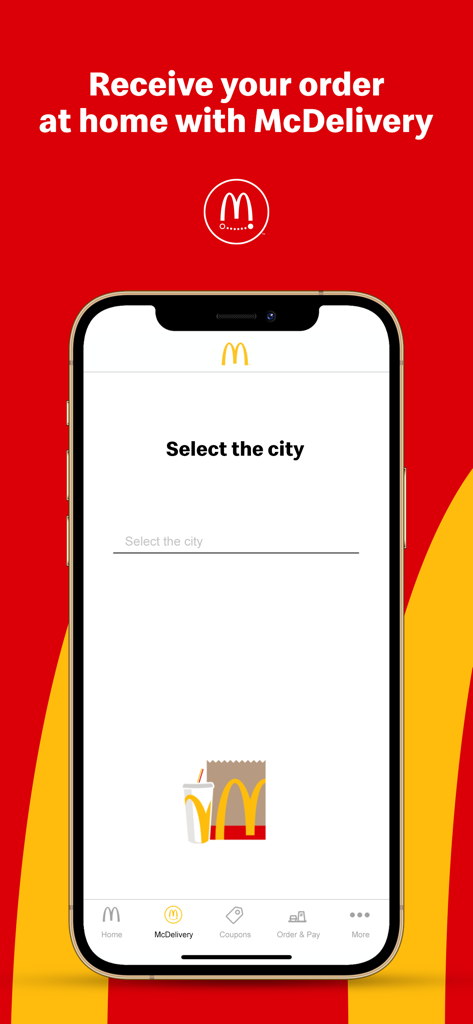 McDonalds app mobile interface for selecting a city to receive home delivery via McDelivery.