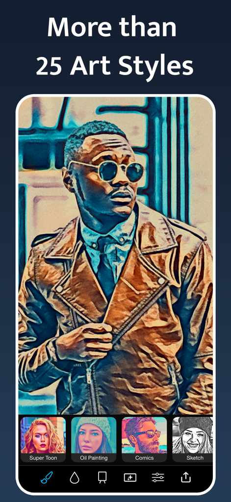 Un hombre con chaqueta de cuero transformado a un estilo de arte de cómic usando filtros de Instant Toon