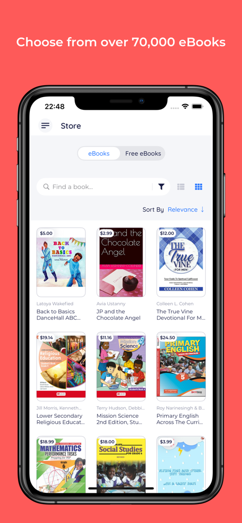 Oberfläche des BookFusion App Stores auf einem iPhone mit einer Sammlung verfügbarer eBooks.