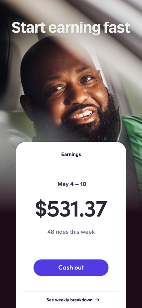 Lyft Driver App-Oberfläche, die Wochenverdienste und eine Auszahlungsschaltfläche anzeigt