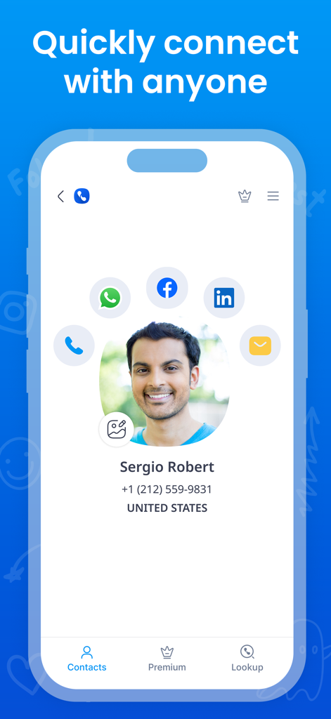 Eyecon app contact profile screen showing social media icons for quick connection