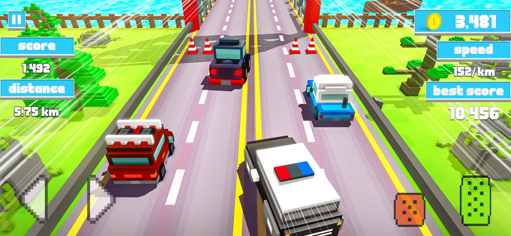 Gameplay screenshot of a blocky police car chasing suspect vehicles on a highway with game UI elements