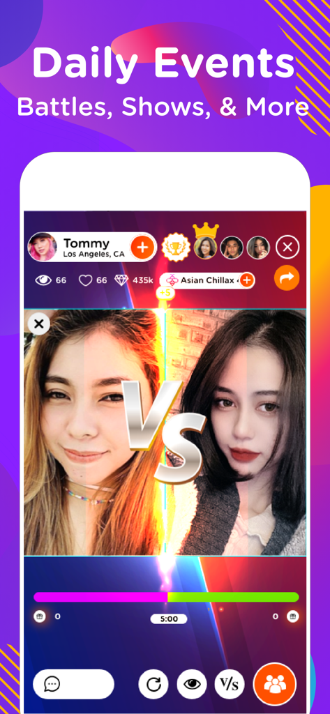 EME Hive - Dating, Go Live - Screenshot of the EME Hive app showing a live streaming battle feature between two users with a split screen and daily events header