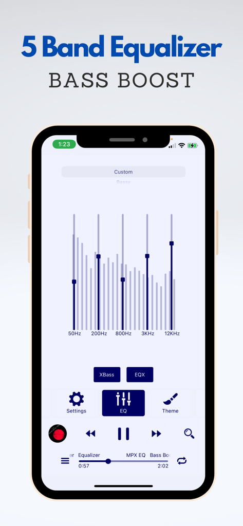 Music Player X : Equalizer - iPhone screenshot of Music Player X app showing the 5-band equalizer and bass boost controls