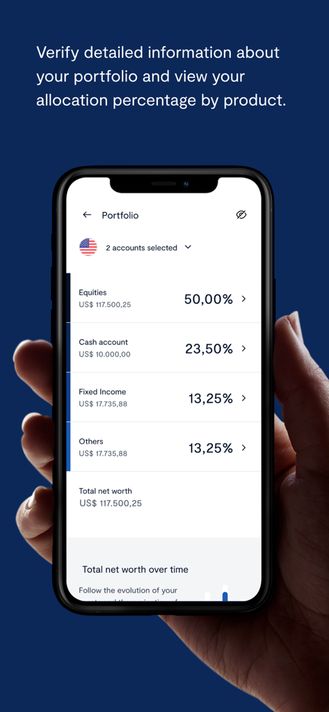 BTG Pactual Global - Visão móvel da tela de portfólio do BTG Pactual Global exibindo alocação de ativos e patrimônio líquido