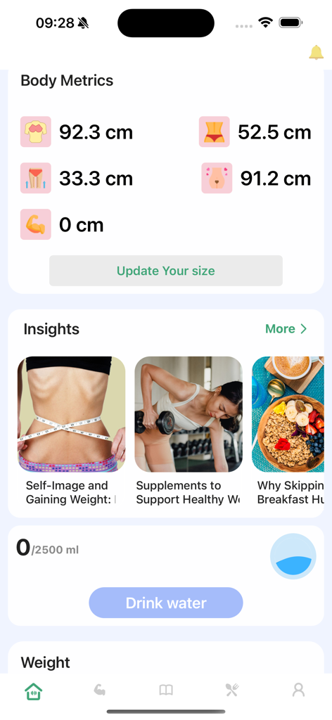 Workout for Underweight - Workout for Underweight app dashboard showing body measurements tracking health insights and water intake goals