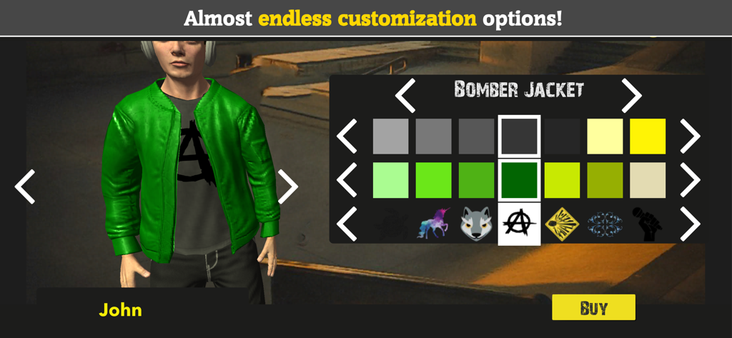 BMX FE3D 2 - Character customization screen in BMX FE3D 2 showing clothing and color options