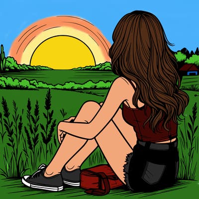 realistic girl sitting and watching the sunset