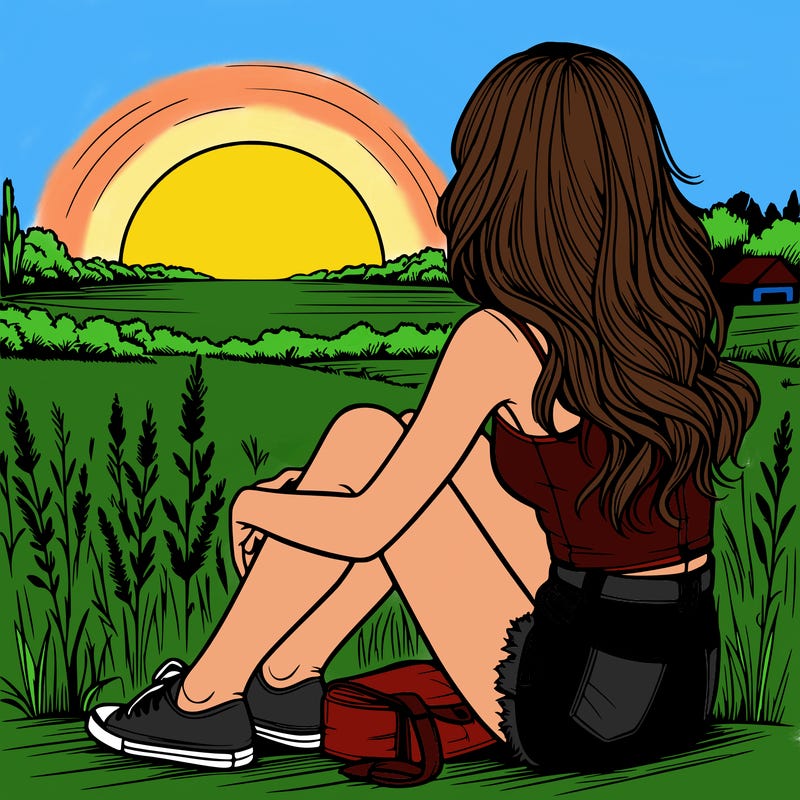 realistic girl sitting and watching the sunset