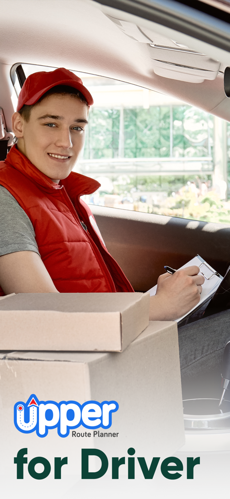 Delivery Driver App by Upper - A delivery driver in a red uniform sitting in a vehicle with packages and a clipboard
