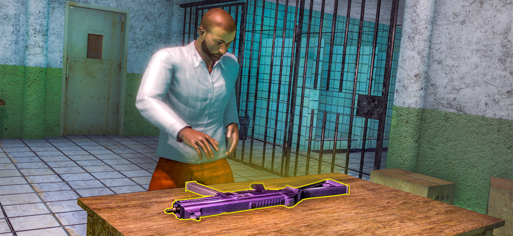 A prisoner looking at a submachine gun on a table inside a prison cell