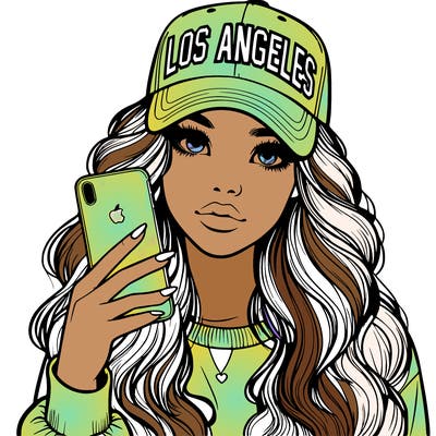 realistic beautiful girl wearing los ángeles cap holding an iphone