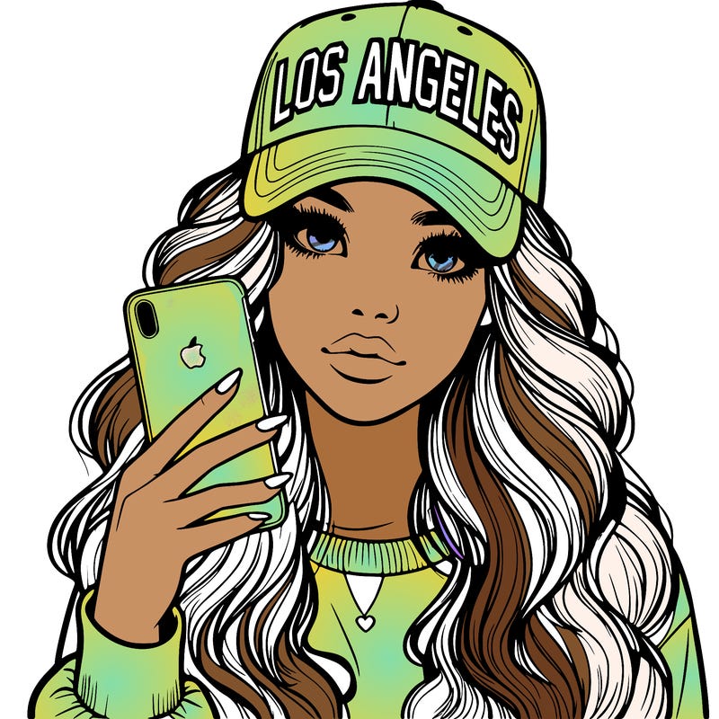 realistic beautiful girl wearing los ángeles cap holding an iphone