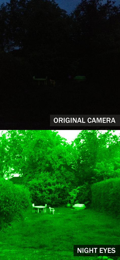 Night Eyes - Low Light Camera - A side-by-side comparison showing a dark backyard taken with a standard camera versus a bright green night vision effect using the Night Eyes app.
