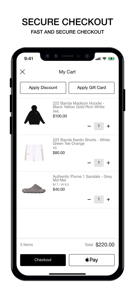 Schermata del carrello dell'app mobile Kappa USA con articoli e opzioni di checkout sicuro