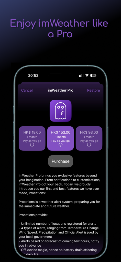 imWeather - Forecast Alert - Écran de mise à niveau d'imWeather Pro affichant les fonctionnalités premium telles que les alertes Procations et les options de tarification des abonnements