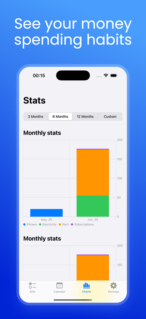 A monthly spending statistics bar chart in the Bill Organizer app showing categories like rent and electricity