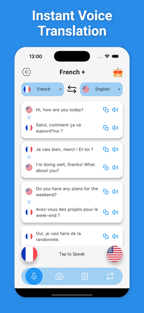 French Translator & More + - Instant voice translation interface showing an English and French conversation on an iPhone