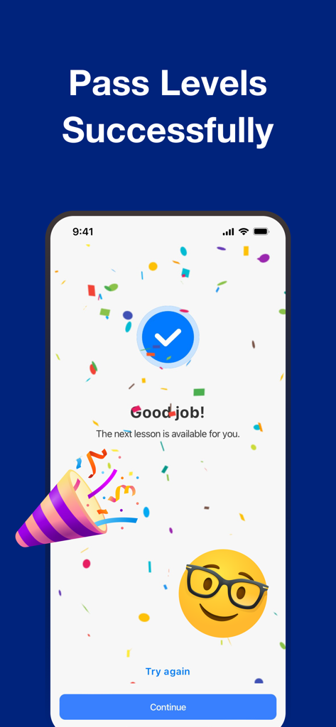 English Verbs: Learn Grammar - Una pantalla de celebración en la aplicación Verbos Ingleses que muestra un mensaje de éxito y confeti por completar un nivel de gramática.