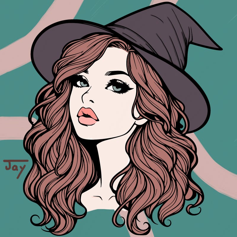 realistic witch girl with wavy hair and lips
