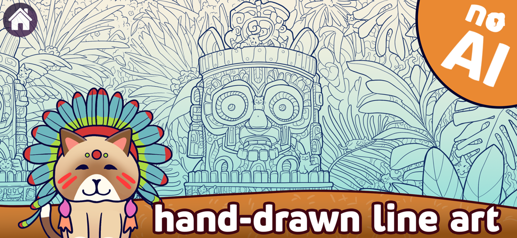 Hidden Cat 2: find the object - Um gato colorido usando um cocar emplumado em frente a um nível detalhado de arte linear desenhada à mão de uma selva