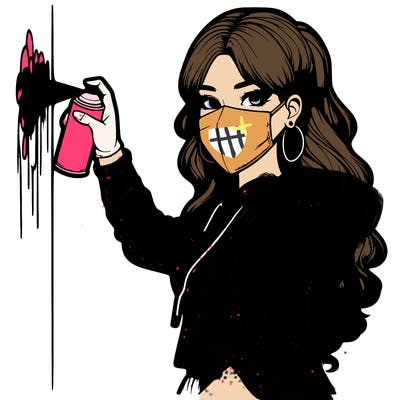realistic girl with mask spray painting a wall