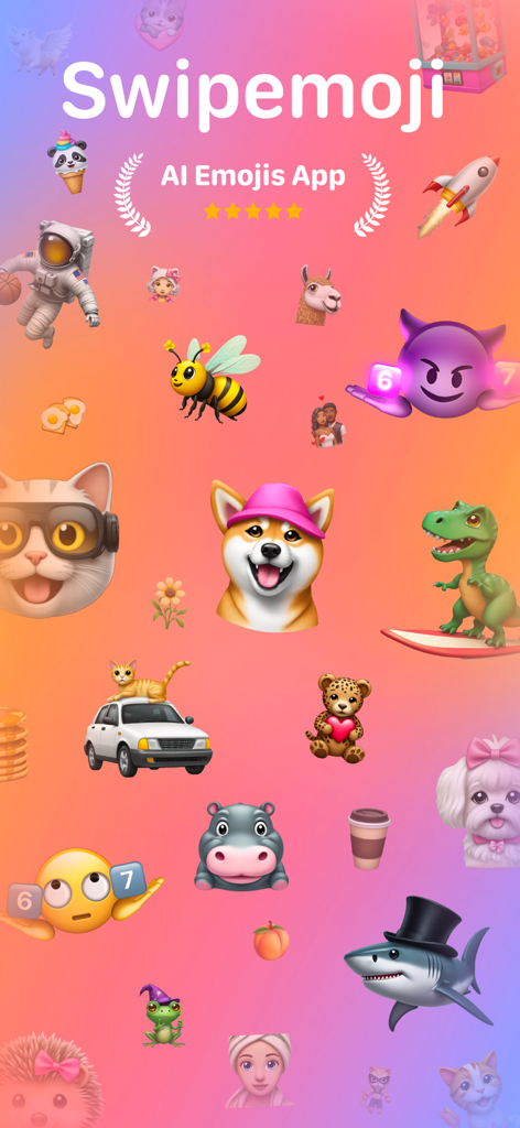 A collection of aesthetic AI generated emojis including animals and characters for the Swipemoji app