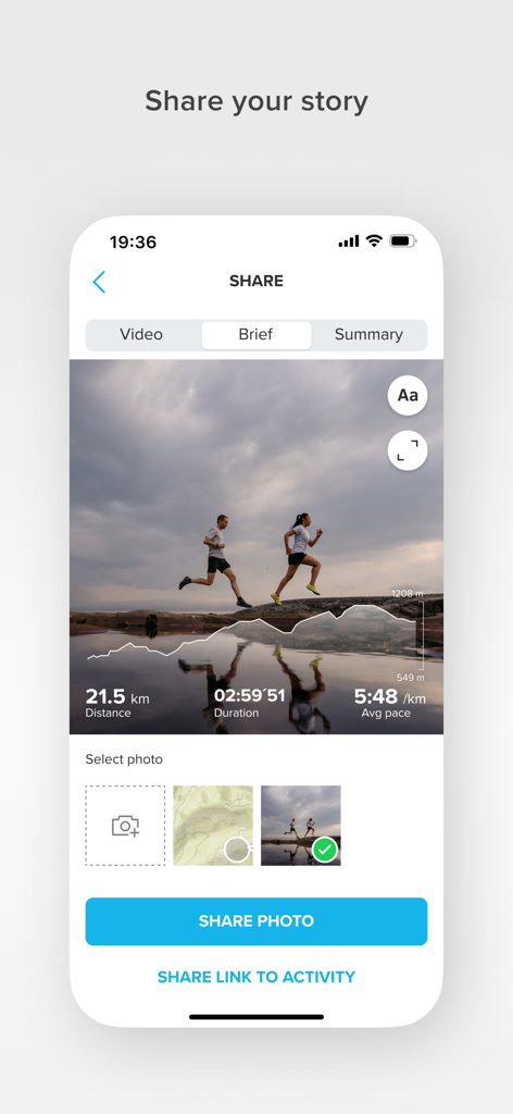 Suunto app screen for sharing a trail running activity summary with performance data and elevation profile overlaid on a scenic photo.