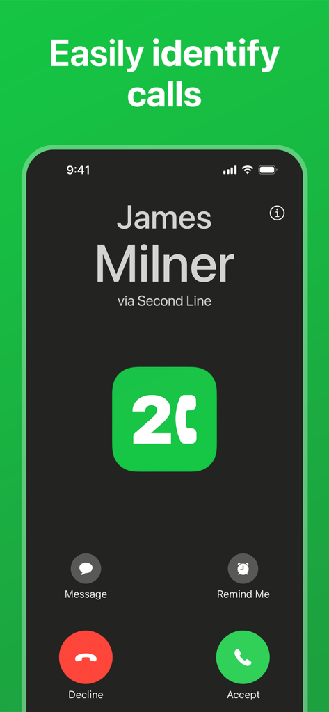 Screenshot of an incoming call on an iPhone clearly identified as being received via Second Line
