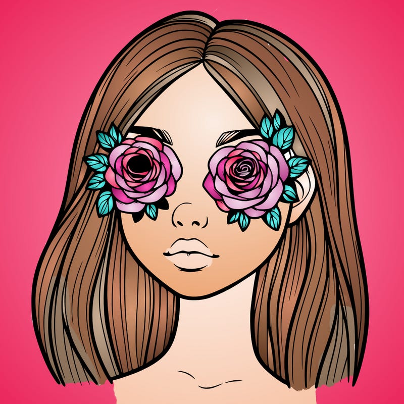 a realistic girl with roses for eyes