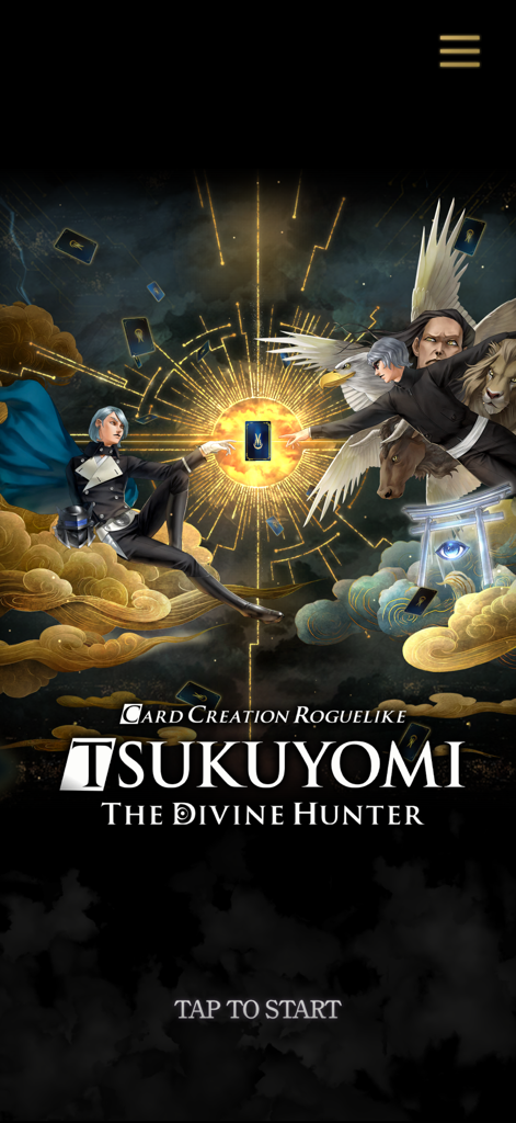 Tsukuyomi: The Divine Hunter - Title screen of the mobile game Tsukuyomi The Divine Hunter featuring urban fantasy artwork and a glowing central card