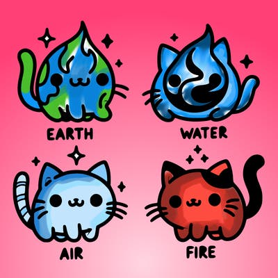 4 cats that represent the different elements, earth, water, air, and fire