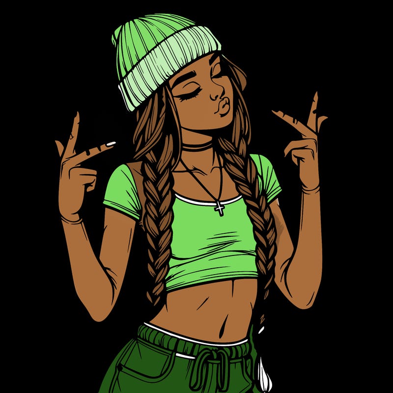 realistic teenage girl with braids and a beanie and crop top doing 🫶🏼