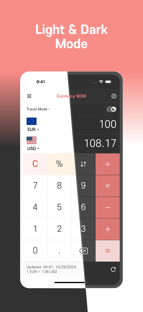 Currency Converter NOW+ - Una interfaz de pantalla dividida de la aplicación Convertidor de Divisas NOW plus mostrando la comparación entre los modos claro y oscuro