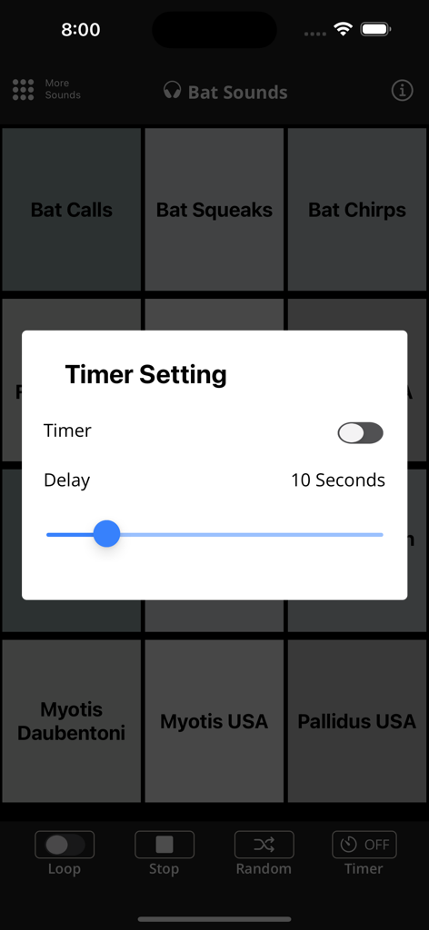 Bat Sounds - Bat Soundsアプリケーションのタイマー設定ポップアップウィンドウ。
