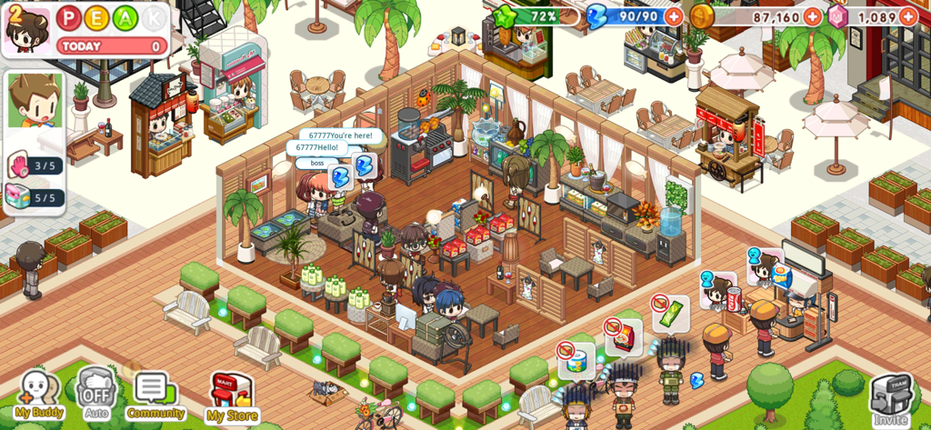 My Store Tycoon - Vista isométrica de una tienda de conveniencia concurrida en el juego móvil My Store Tycoon mostrando personajes y diseño de la tienda.