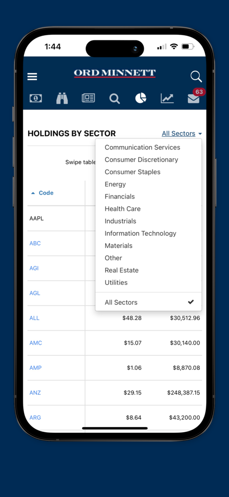 Ord Minnett - A mobile interface of the Ord Minnett app showing investment holdings by sector with a dropdown filter menu.